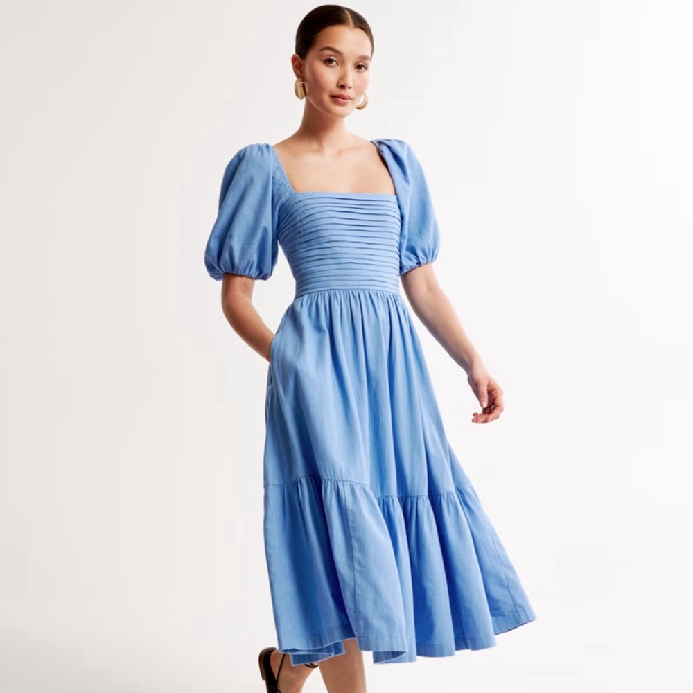 Abercrombie & Fitch Emerson Linen-Blend Puff Sleeve Midi Dress - Medium Tall NEW
